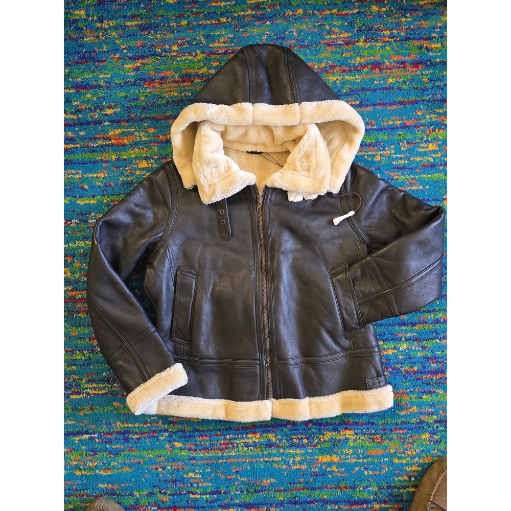 NWT Decrum Marilyn Shearling Jacket Dark Brown Lamb Leather Hooded Womens Large